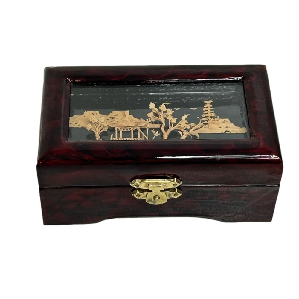 Oriental Hand Carved Pagoda Diorama Cork Art Wooden Trinket Jewelry Box Glass